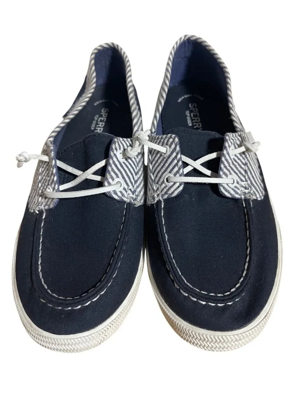 Sperry Womens Striped Canvas Navy/White Boat Shoes Size 10 Casual Slip-On